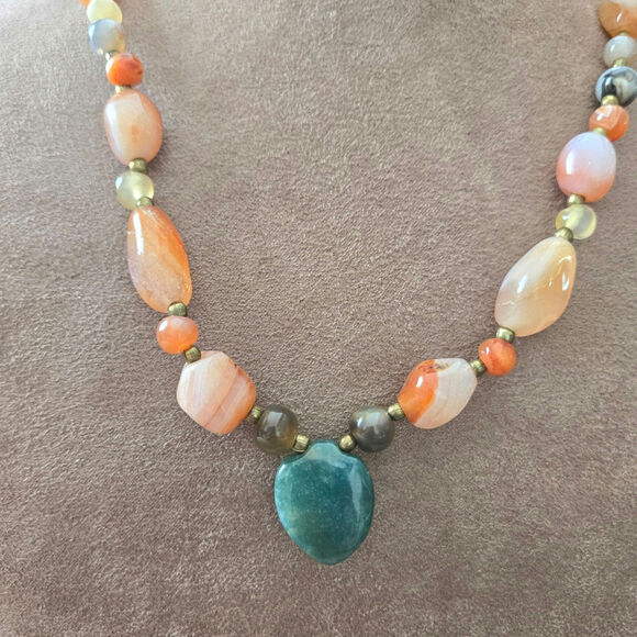 Vintage Natural Agate Beggars Beads Polished Stone Necklace Brass Spacers - Picture 6 of 8